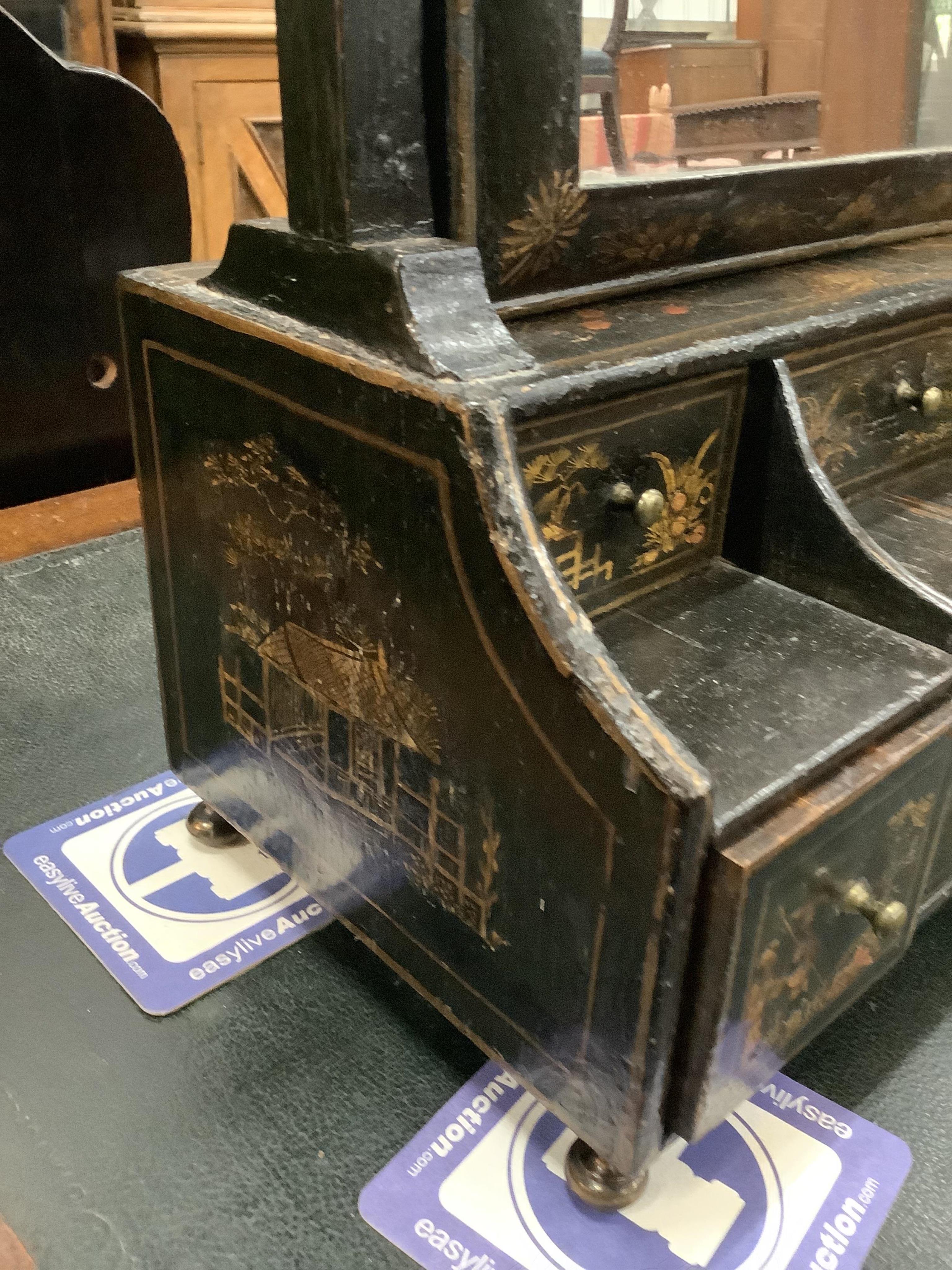 A Queen Anne chinoiserie japanned pine toilet mirror, with six drawer base, width 36cm, height 78cm. Purchased from The Antique Home, Kensington Church St., London, 10th September 1969 for £165. Condition - fair to good
